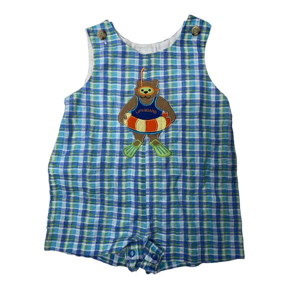 Boy's Vintage  Blue Green  Plaid Romper Bear swimming Applique Size 6/9 Months - Picture 1 of 8